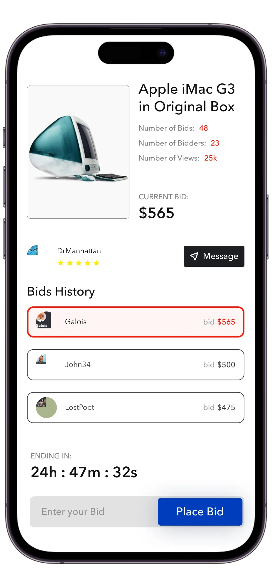 Auction screen in the Hero app